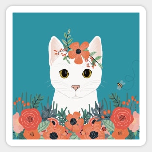 The cute white cat queen is watching you from the flowerbed Sticker